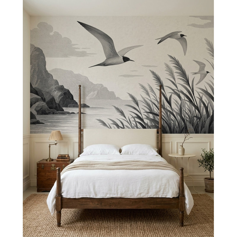 Murale de paysage côtier gravé, oiseaux de mer, 100 po x 96 po, Texturé non collé