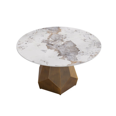 53" Round Marble Dining Table For 6, White Sintered Stone Desktop With Metal Base, Modern Style Room & Living Area, To High Temperature Stains, Easy Wipe In White, 6 Capacity Surface And Design
