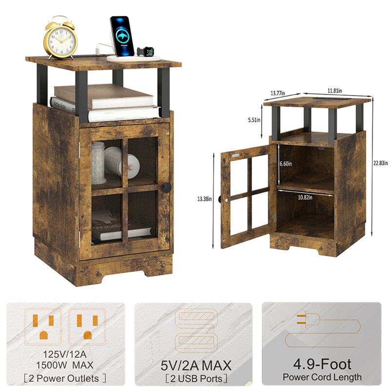 Multi-Functional Bedside Table With Charging Station & Storage, Brown