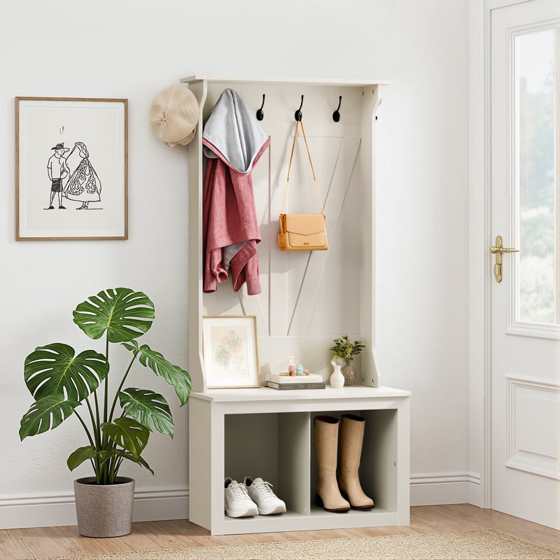 3-in-1 Coat Rack with Shoe Storage Bench, Hall Tree with 6 Hooks and 2-Tier Storage Shelf