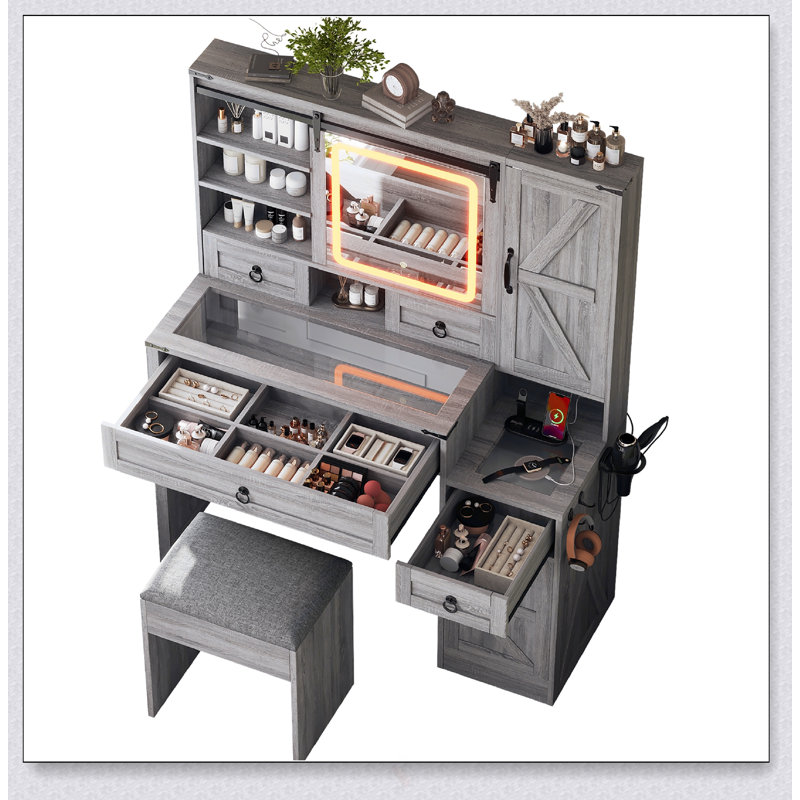 Farmhouse Vanity Desk With Sliding LED Mirror And Lights, Glass Top, Charging Station, And Ample Storage For Cosmetics And Accessories