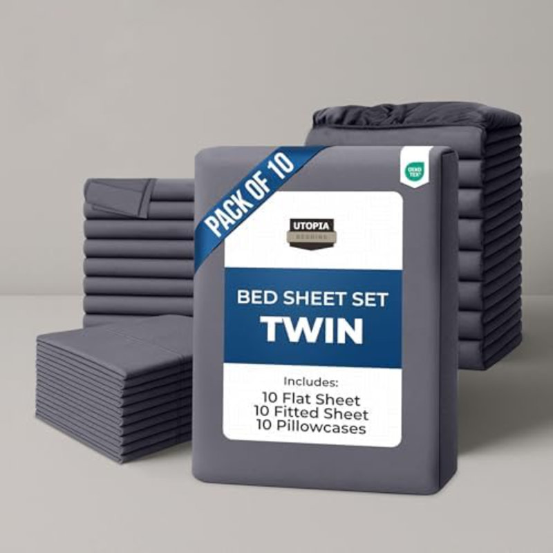 Ensemble de draps pour lit simple - Paquet de 10 ensembles de draps - Parfait pour le spa, l'hôtel et la chambre d'amis - Microfibre brossée - Résistant au rétrécissement et à la décoloration - Facile d'entretien (gris)