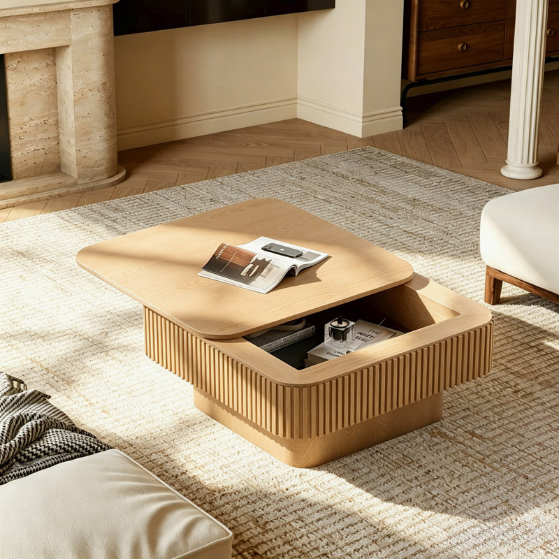 Table basse moderne en placage de bois massif avec rangement pour l'intérieur, Bois naturel