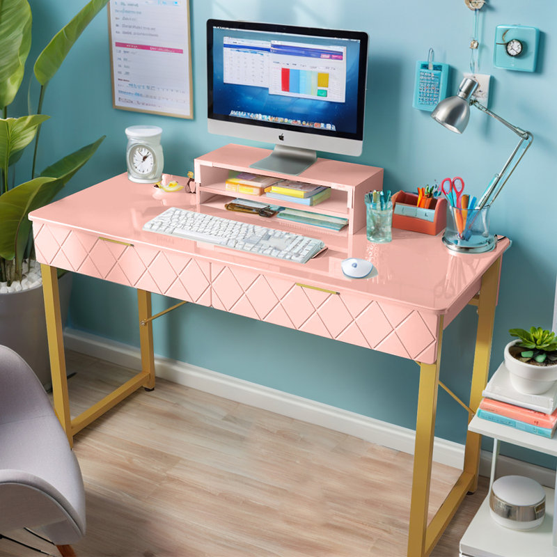 Karlskrona 39.4"W Computer Desk with Drawers, Pink