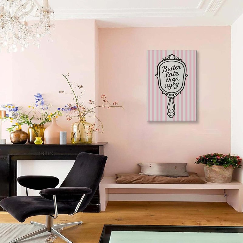 Funny Pink Bathroom Vanity Canvas Wall Art Trendy Better Late Than Ugly Quotes Picture Wall Decor Chic Dressing Table Poster Pink Striped Painting Print Artwork For Dressing Room Decor, Framed 12X16 Inch