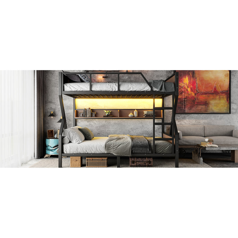 Queen Over Metal Bunk Bed With Storage, Led Lights, And Secure Stairs Stable Black Storage Shelves, Frame, Lights, Queen