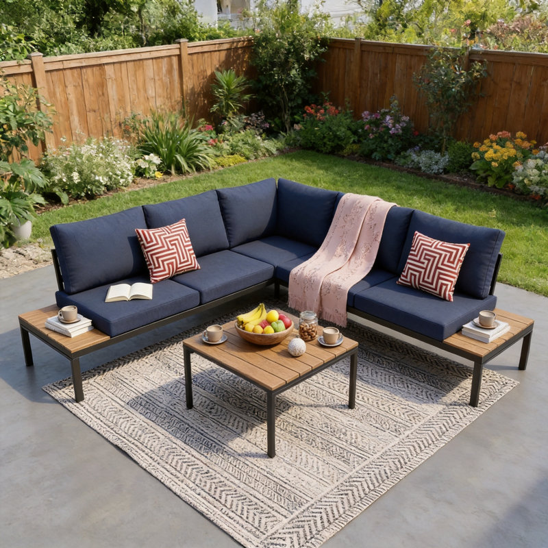 Modern L-Shaped Patio Sectional Set with Wood Accents & Navy Cushions