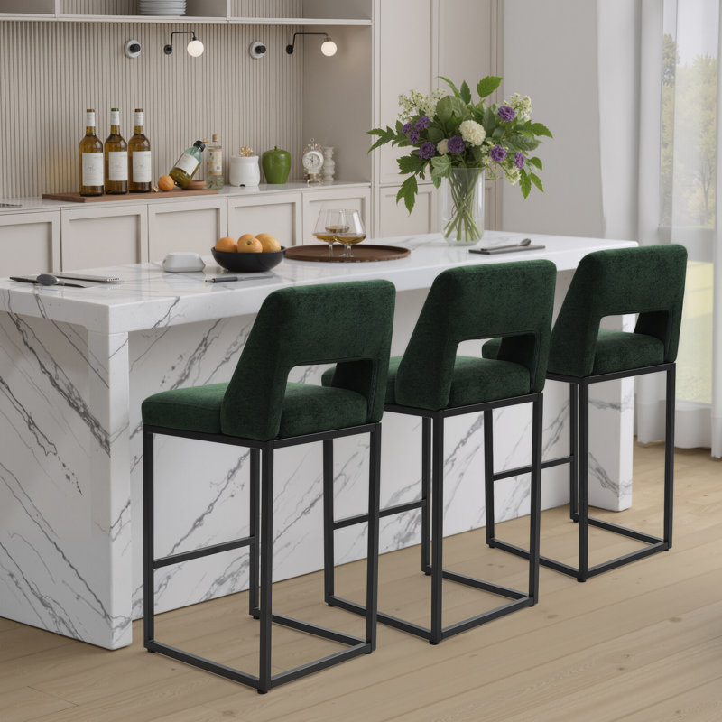 26" Upholstered Counter Barstool With Low Back And Metal Frame Modern Kitchen Island Seating, Green Seat / Black Frame, 3