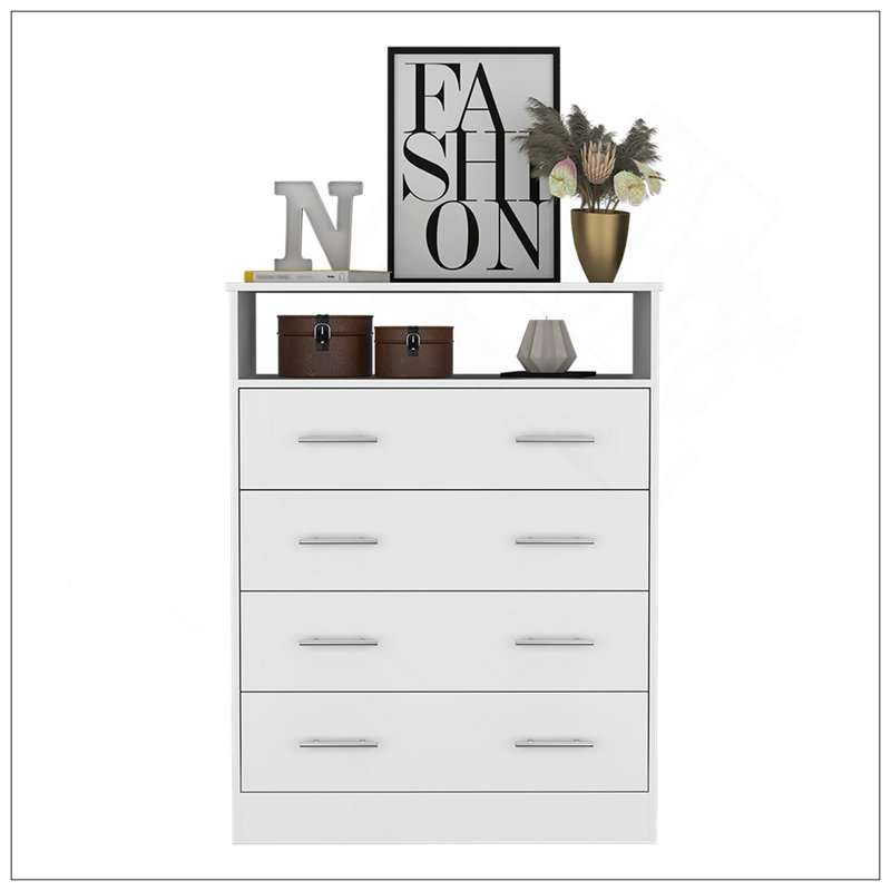 Four Drawer Dresser, Superior Top, One Open Shelf, White, White