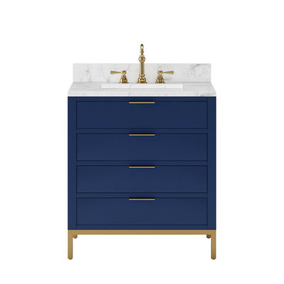 Bristol 30 In. Single Sink Carrara White Marble Countertop Bath Vanity In Pure White With Satin Gold Hook Faucet