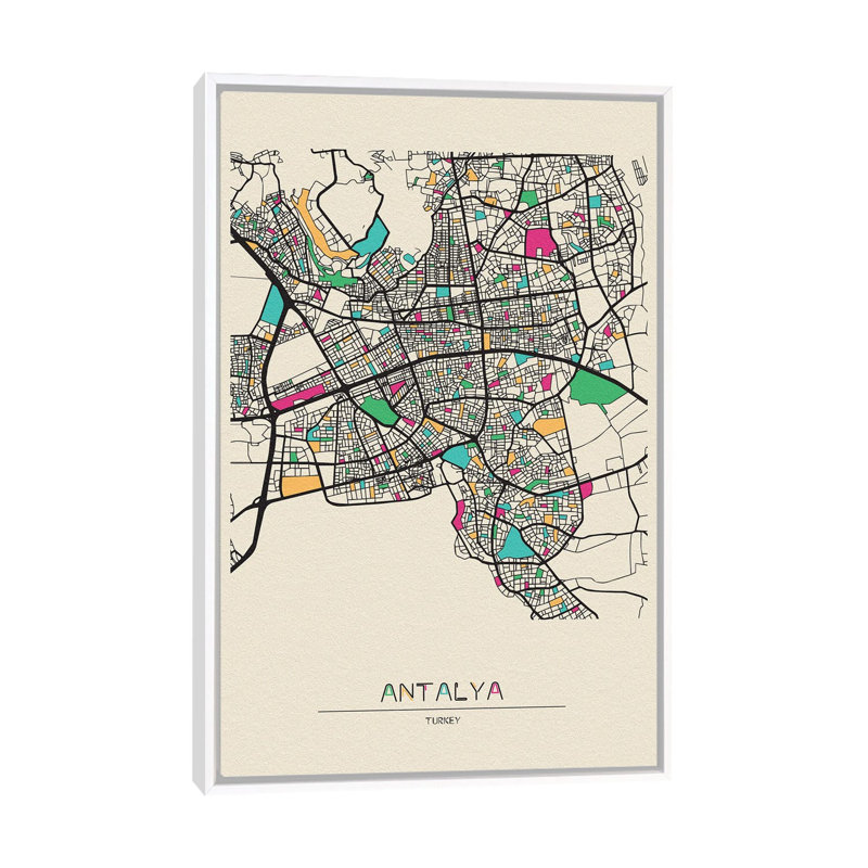 Antalya, Turkey Map by Ayse Deniz Akerman - Print on Canvas, 101.6 cm H x 66.04 cm W, White Floater Frame