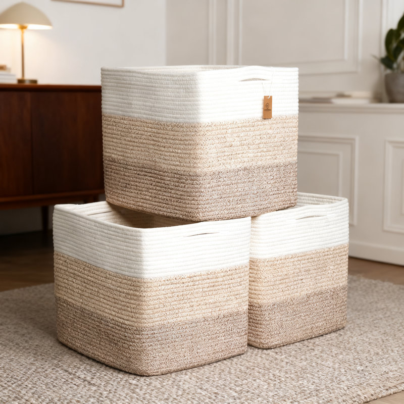 Cotton Rope Storage Cube Bins 3-Pack | Woven Organizer Baskets With Reinforced Handles | Shelf Inserts For Toys, Clothes, And Home Organization