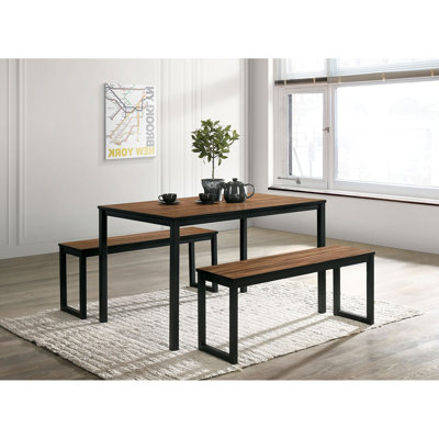 Ensemble de salle à manger 3 pièces de style industriel 1 table de salle à manger 2 bancs en U avec pieds en métal et plateau en bois au fini noyer et noir