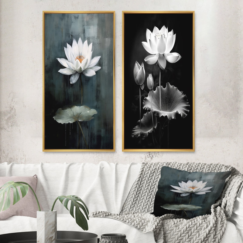 «Grey Monicolen Lotus Symphony», 2 pièces sur toile, H 40 po x l 40 po, Encadrement doré