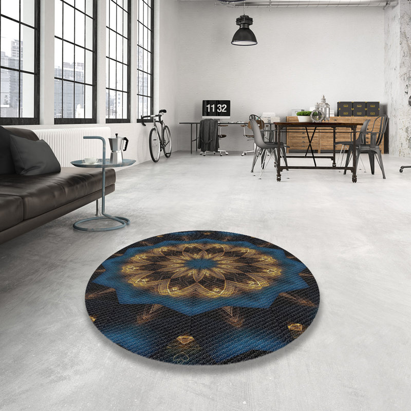 Tapis noir/bleu/beige à motifs Wuest, Rond 5 pi