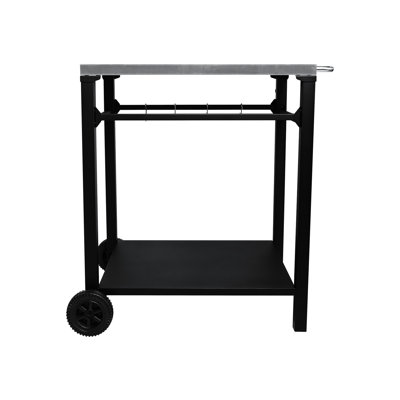 2 - Tier Rolling Serving Bar Cart For Patio And Backyard, Stainless Steel Top, Large Wheels, Tool Hooks Movable Bbq Prep Table, Pizza Oven Stand, Black Functional Reliable Build Outdoor Grill With