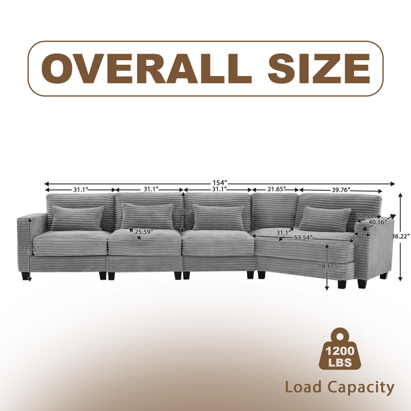 Redenius 154" Curved Corduroy Sectional Sofa Seater for 5, Gray Corduroy
