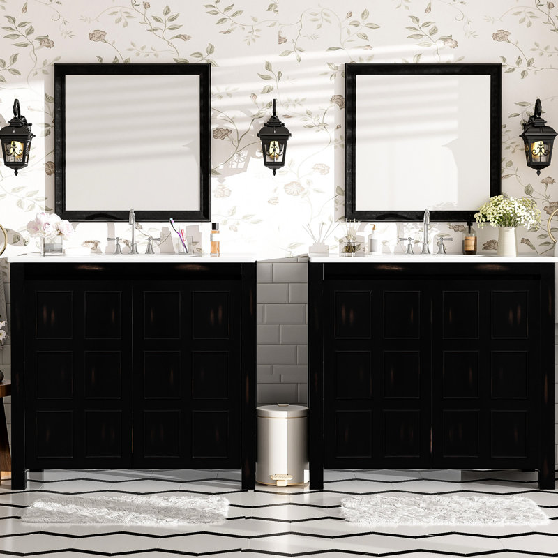 Meuble-lavabo 72 po avec lavabos doubles en céramique - Finition rétro, charnières silencieuses à fermeture en douceur, couleur évier de rangement spacieux, bois massif, spacieux