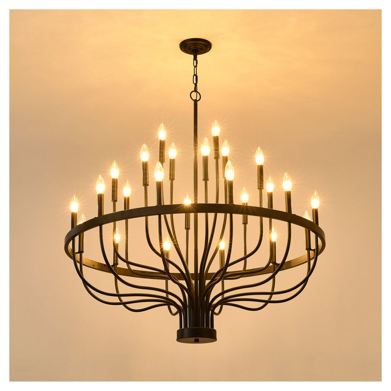 Lustre 24 lumières en fer noir mat avec détails en bois