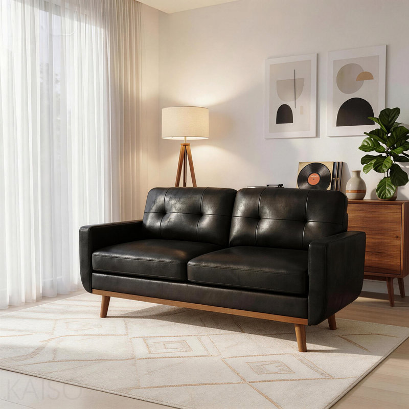 Canapé à deux places 65 pouces moderne minimaliste 65 po, avec tissu en aluminium respirant et pieds en bois massif, Black