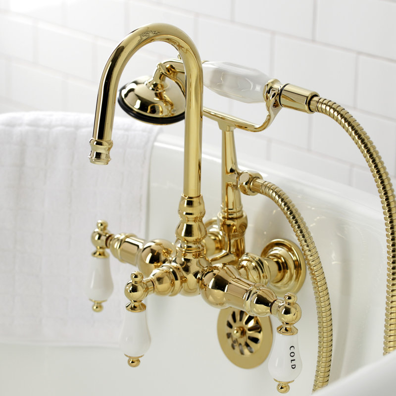 Kingston Brass Vintage Three-Handle 2-Hole Tub Wall Mount Clawfoot Tub Faucet with Hand Shower, Polished Brass