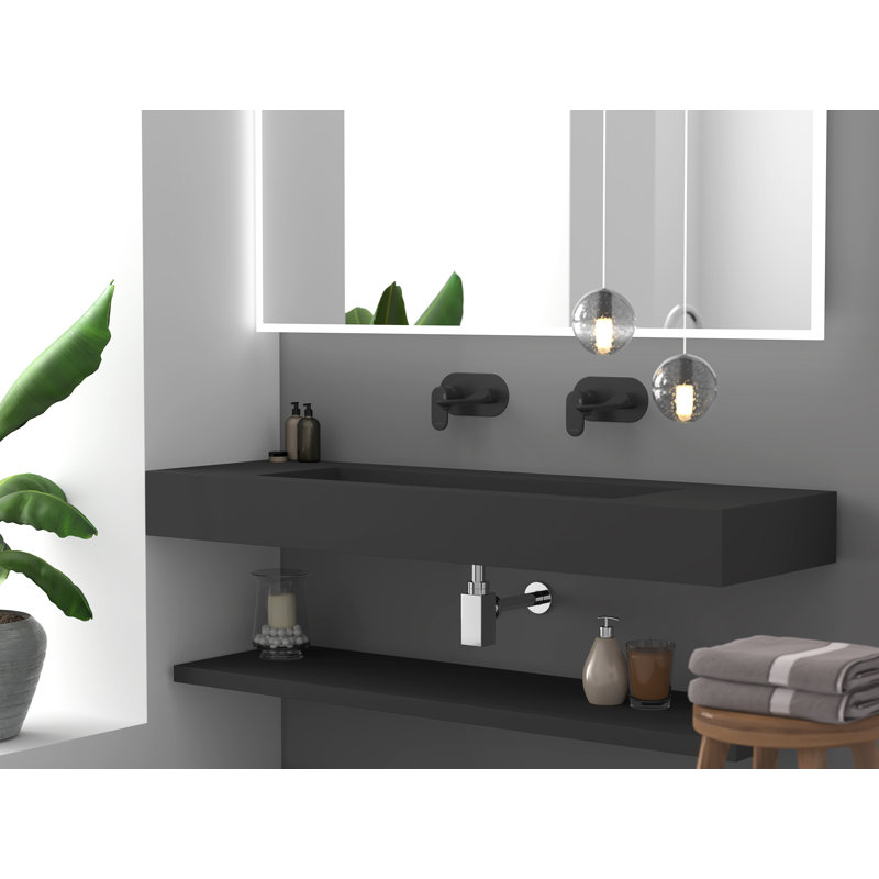 Pyramid 60" Wall Mounted Rectangular Solid Surface Bathroom Trough Sink in Matte Finish - Black, No Faucet Holes, Black