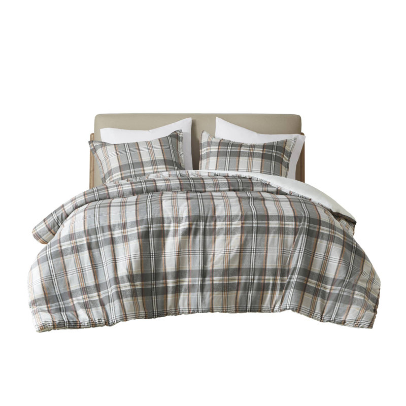 Tan and Gray Plaid Cotton Full/Queen Duvet Cover Set