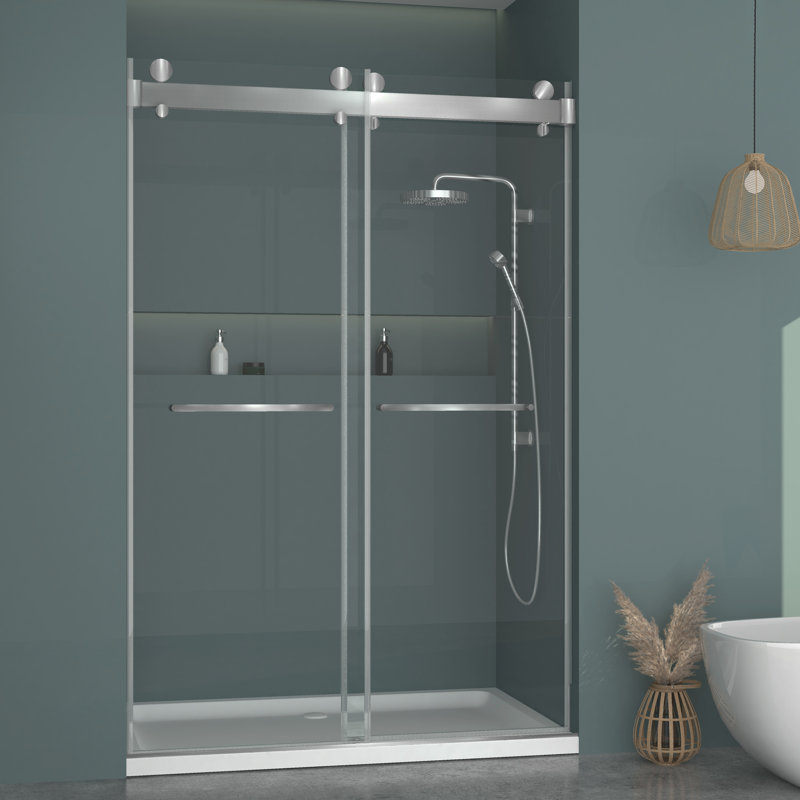 Gargy 57-60 in W x 78 in H Frameless Shower Door with Advanced Closing System, Brush Silver, Double Buffer Brake