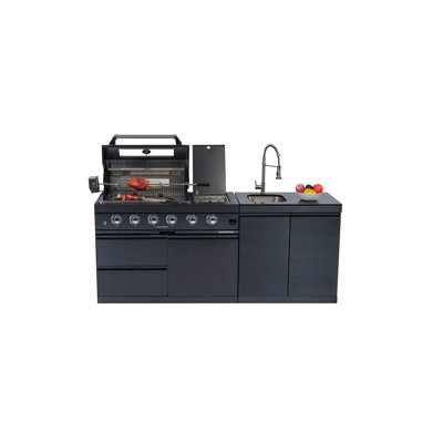72000 4 - Burner 46 Inch Outdoor Kitchen Barbecue Island With Round Side Burner, Kit, Black Granite Countertops And Electronic Ignition Stainless Steel Gas Grill Double Lined Hood, Temperature Gauge
