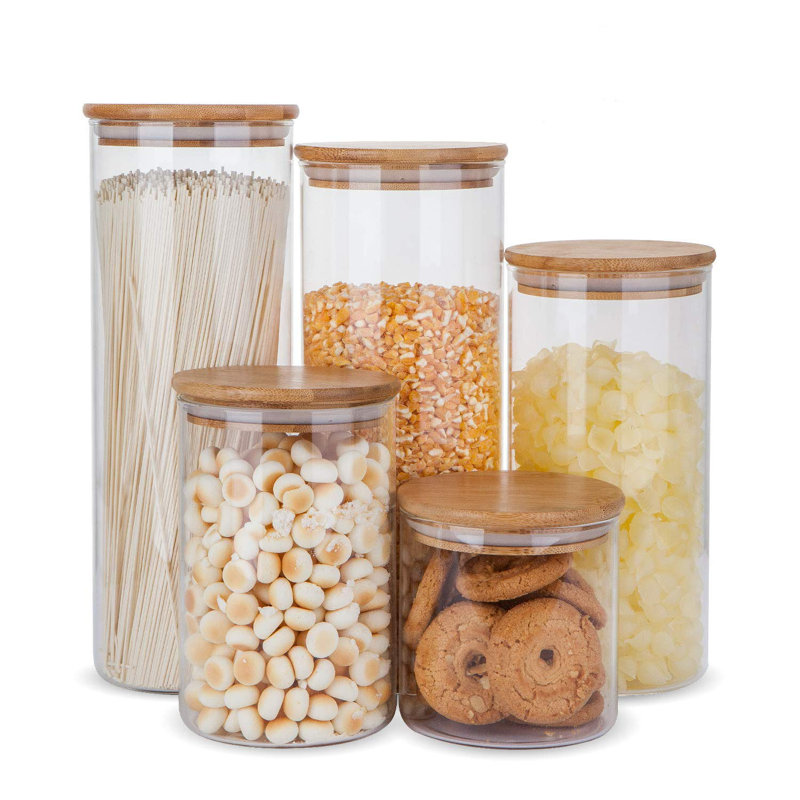 Ensemble de 5 contenants en verre pour aliments, pots à nourriture hermétiques avec couvercles en bambou