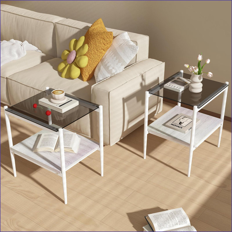 Ensemble de 2 tables basses modernes en verre trempé gris pour le salon, faciles à nettoyer et peu encombrantes, Gris, Blanc