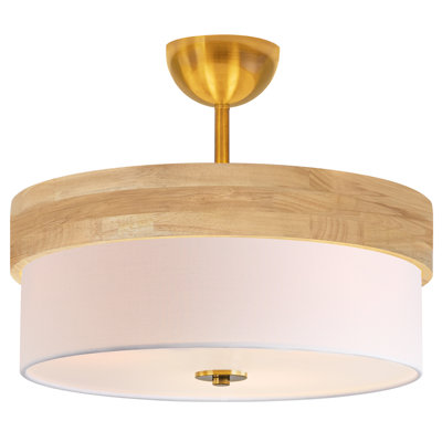 16 Inch Semi Flush Mount Ceiling Light, Modern Wood Drum Ceiling Light Fixture with Fabric Shade, Gold Light Fixtures Ceiling Mount for Living Room, Bedroom, Kitchen, Dining, Hallway,Entryway