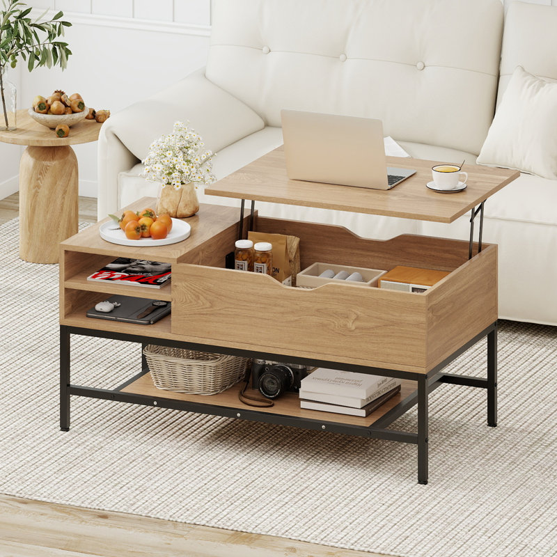 Lift Top Coffee Table with Storage, Natural Wood