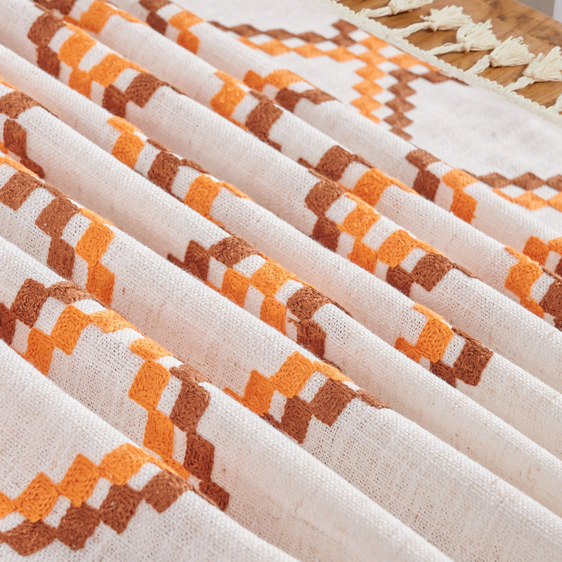 Linen-Like Diamond Checkered Embroidery Tablecloth with Fringe, 86" Rectangle, Orange