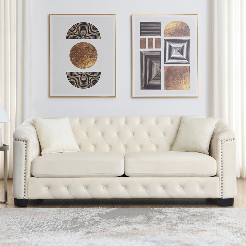 Canapé en velours beige 3 + - avec structure en bois massif, coussins en mousse confortables et support à ressorts, garniture cloutée élégante, housses de coussin amovibles pour un confort de base magnifique
