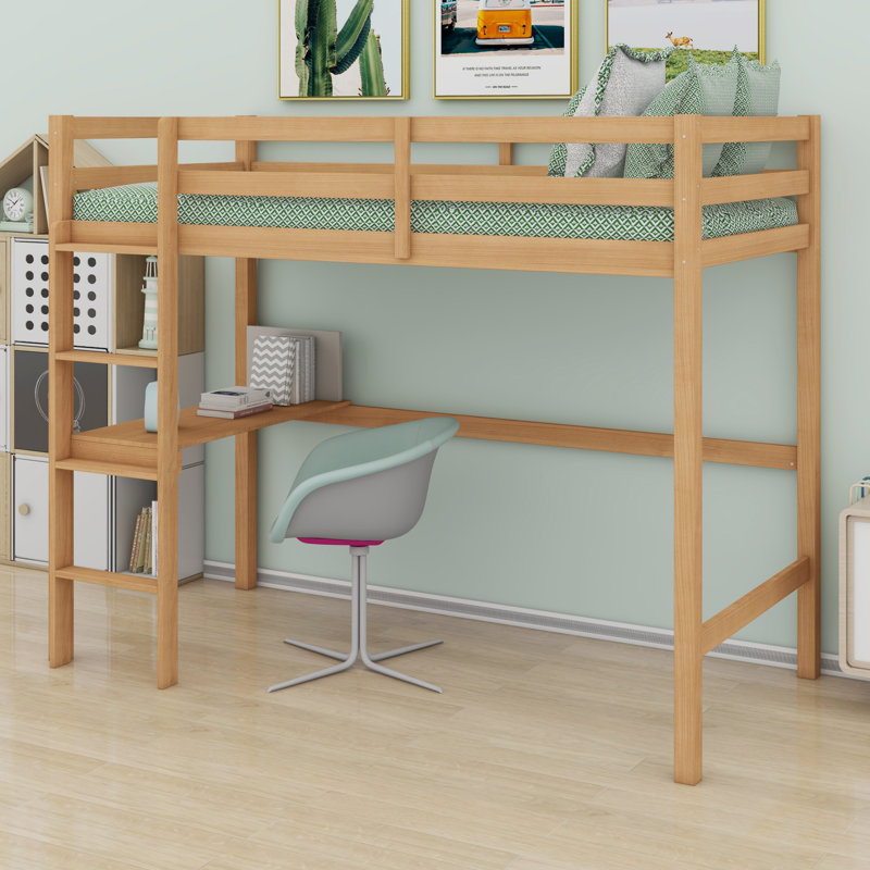 High Loft Bed, Wood Loft Bed With Safety Guardrail, Built-In Desk, Ladder, White Oak