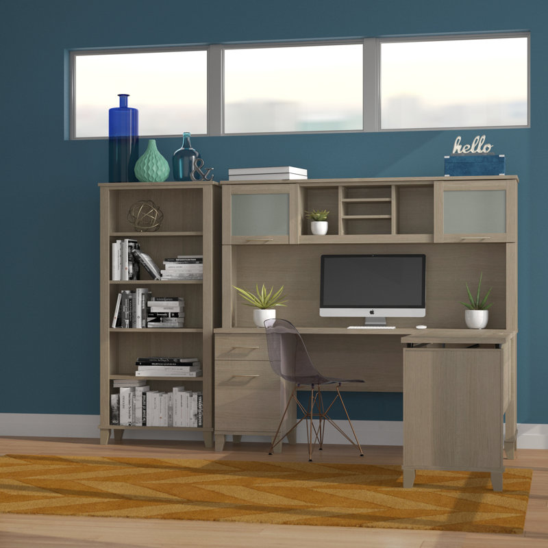 Magomed 72W 3 Position Sit to Stand L Shaped Desk with Hutch and Bookcase, Ash Gray