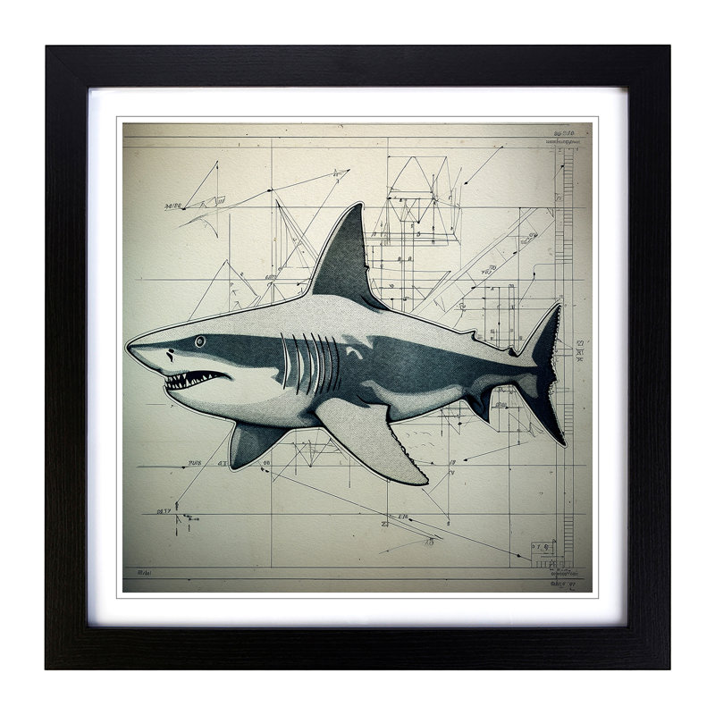 Shark Constructivism - Single Picture Frame Print on Wood, Black