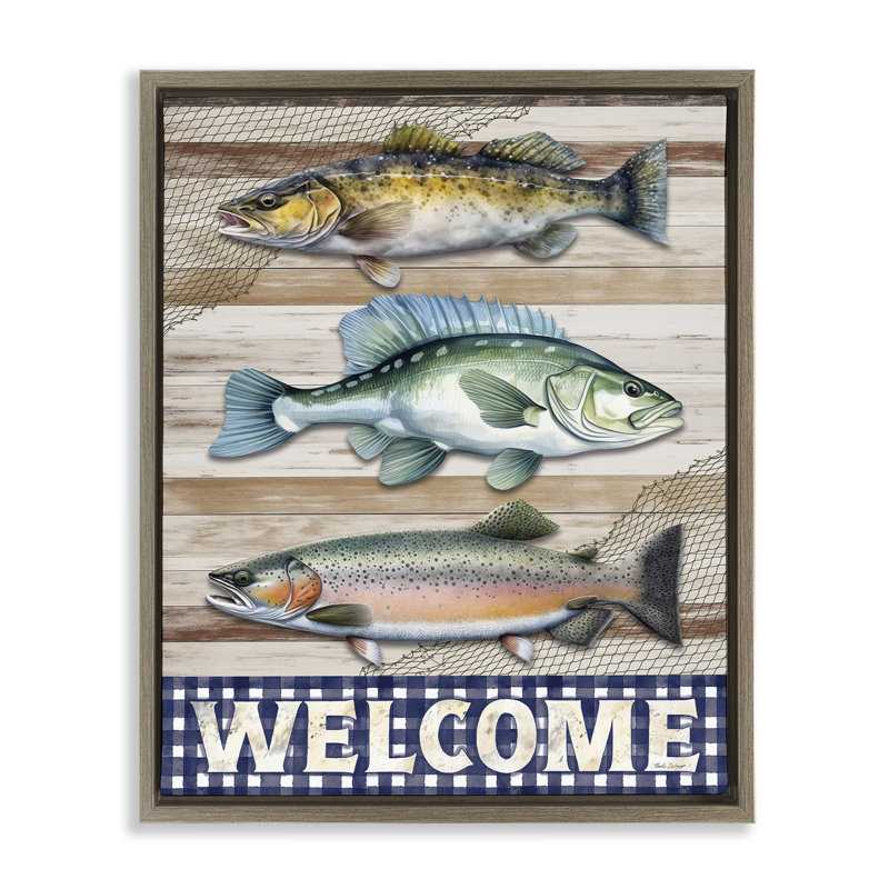 Bienvenue avec un cadre flottant à motif de poissons rustiques, design par Nicole DeCamp, Cadre flottant orme Montalcino