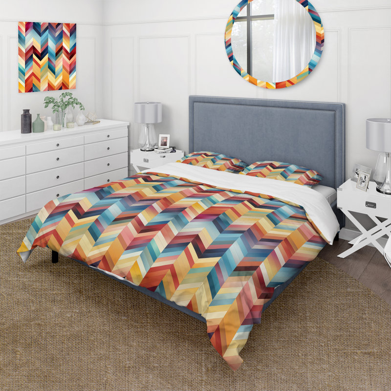 Ensemble de housse de couette en microfibre à motif de chevrons en mosaïque bleue / jaune / rose