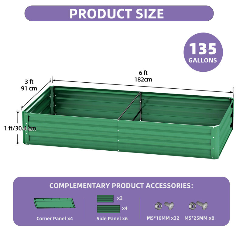  Green Metal Raised Garden Bed, 12" H x 72" W x 36" D