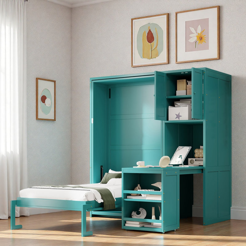 Lit escamotable simple avec bureau roulant, armoire de rangement et bibliothèque, Sarcelle