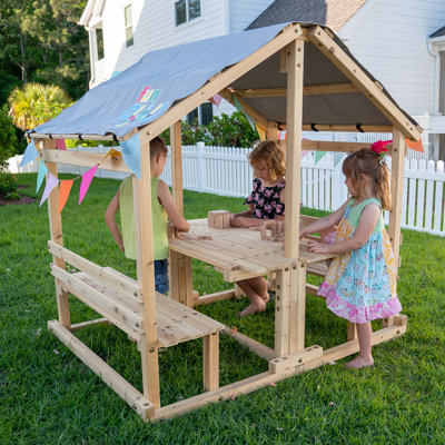 Kids Klubhouse Wooden Playhouse Outdoor Indoor, DIY Backyard Playhouse with Table and Benches