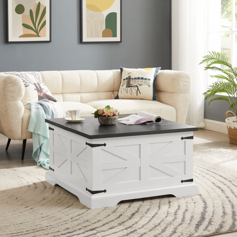 White and Black Square Wood Coffee Table with Hidden Storage