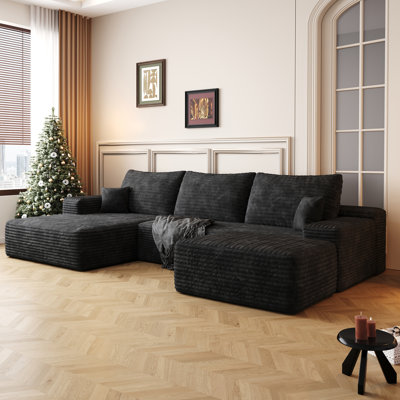 Canapé modulaire 107 po avec 1 repose-pieds Cloud, fauteuils rembourrés minimalistes modernes, canapé confortable en forme de U pour le salon, canapé d'angle à siège profond, aucun assemblage requis (tissu en velours côtelé moelleux), noir