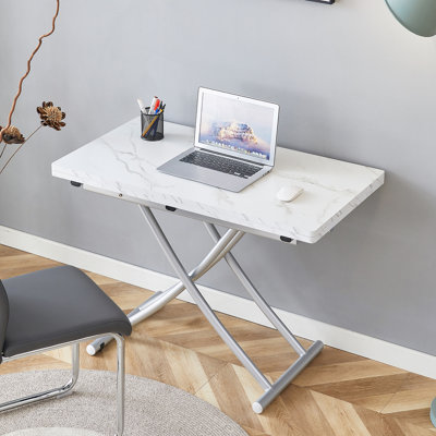 Modern Minimalist Multifunctional Lift Table With 0.8 Inch Thick MDF Desktop And Silver Metal Legs, Can Be Used As A Dressing Table, Coffee Table, Dining Table, And Office Table.