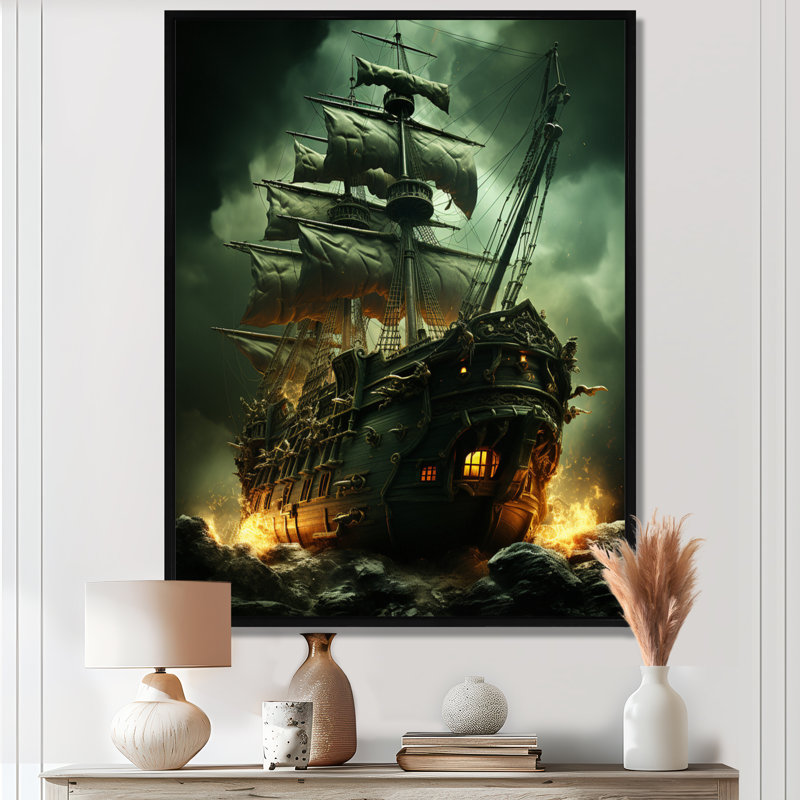 Bateau fantôme pirate 1 - Art mural pirate, Cadre flottant noir, H 32 po x l 24 po x P 1 po