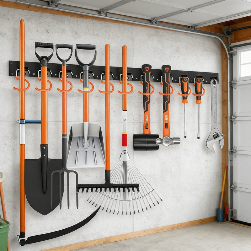 Range-outils mural réglable 64 po - Système de rangement robuste en ABS pour outils, vadrouilles et balais