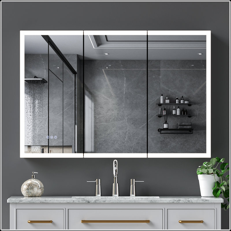 Armoire de toilette avec miroir à DEL avec anti-buée, 3 températures de couleur et tablettes réglables pour installation murale ou encastrée