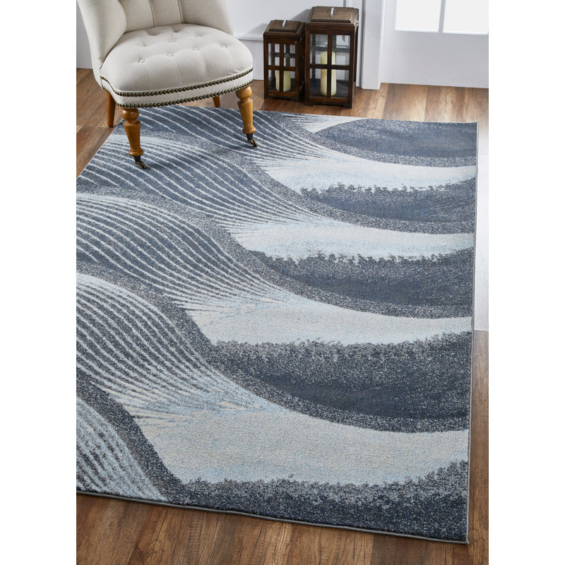Tapis bleu et gris à motif abstrait Dhurrie 7 pi x 10 pi